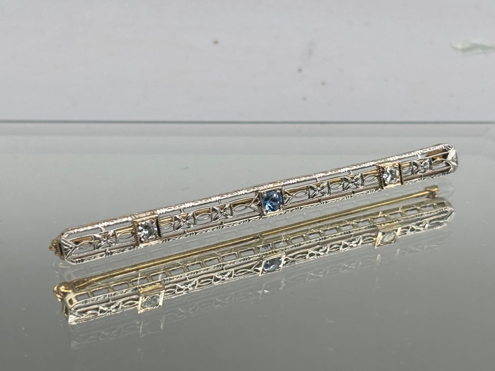 14K and Platinum Blue Topaz and Diamond Bar Pin