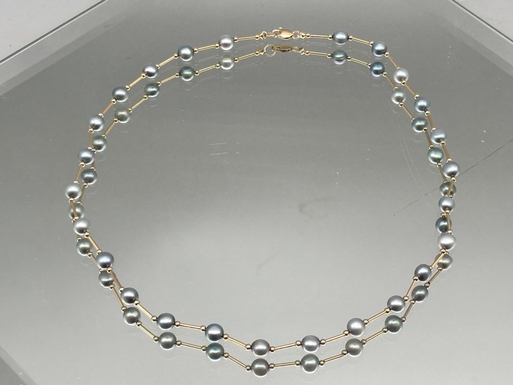 14K Tube Bead and 4mm Tahitian Pearl Station Necklace