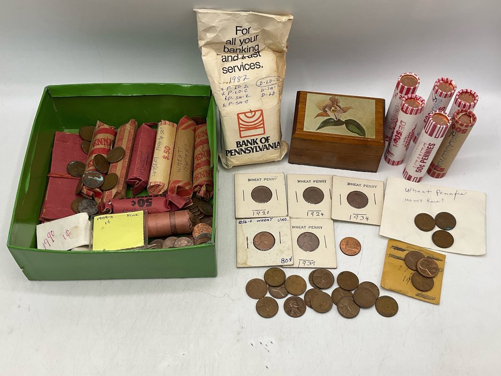 Collection of Assorted Pennies & Jamaican Trinket Box