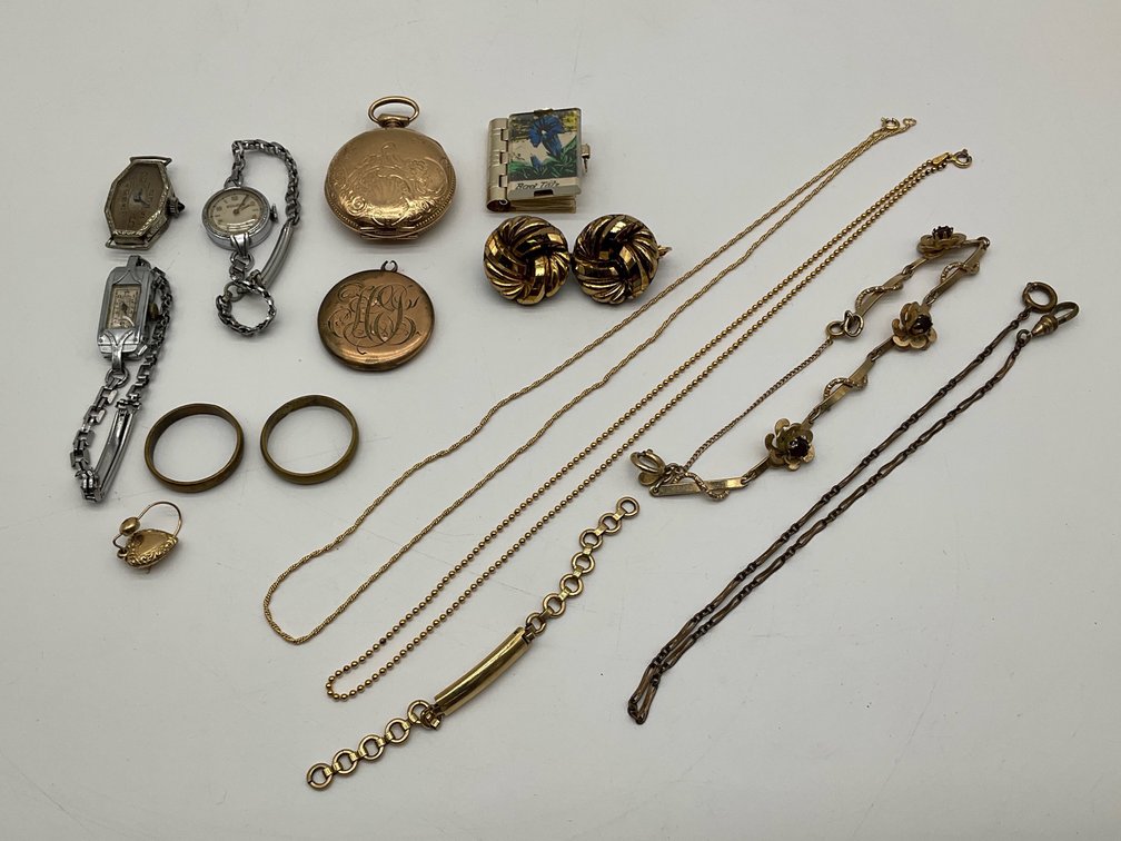 Gold Fill Necklace, Watch Case, and Bracelet plus Watches