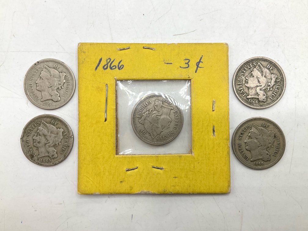 Five 19th C. 3 Cent Nickels
