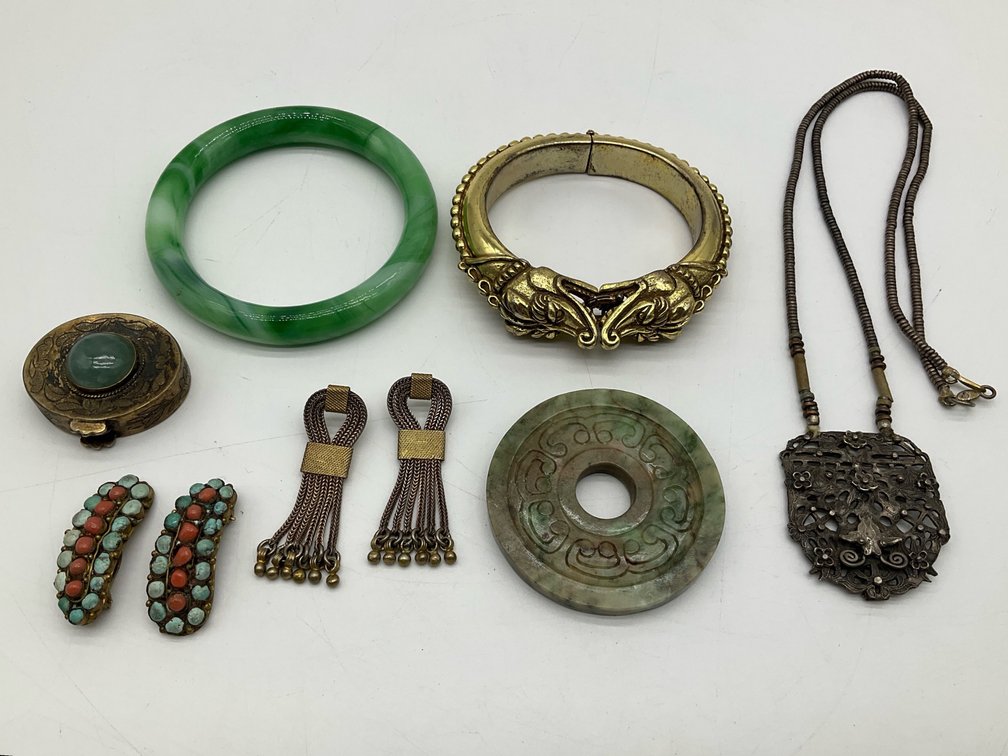 Hardstone Disk, Earrings, Pill Box, Sterling Hinged Bangle, Etc