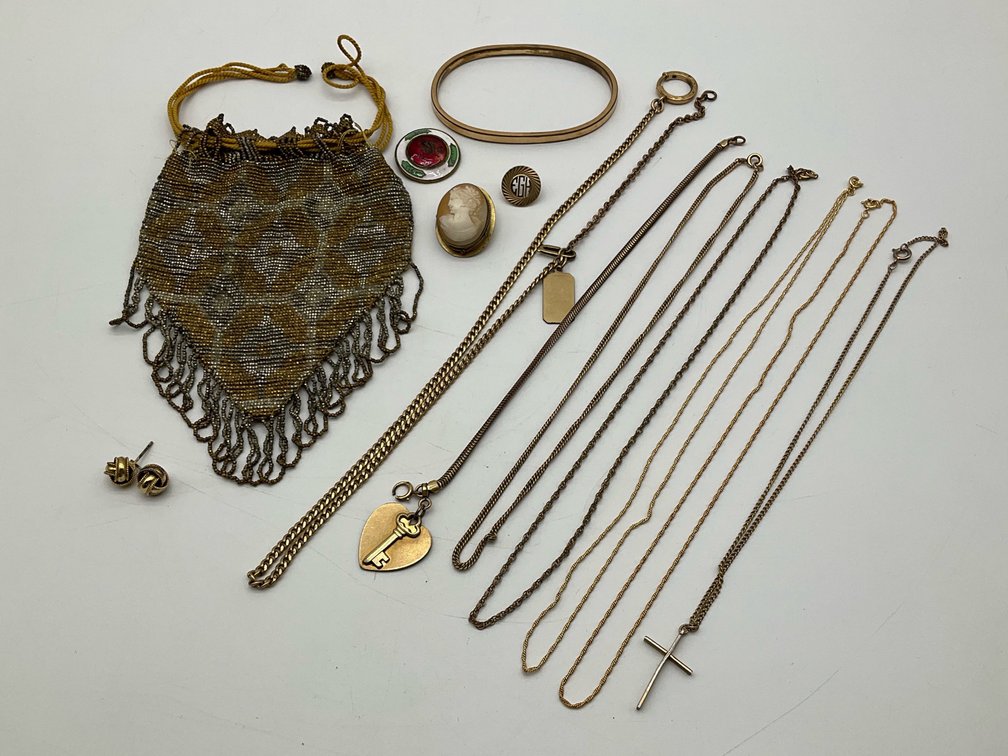 Gold Tone and Gold Fill Necklaces plus Beaded Purse