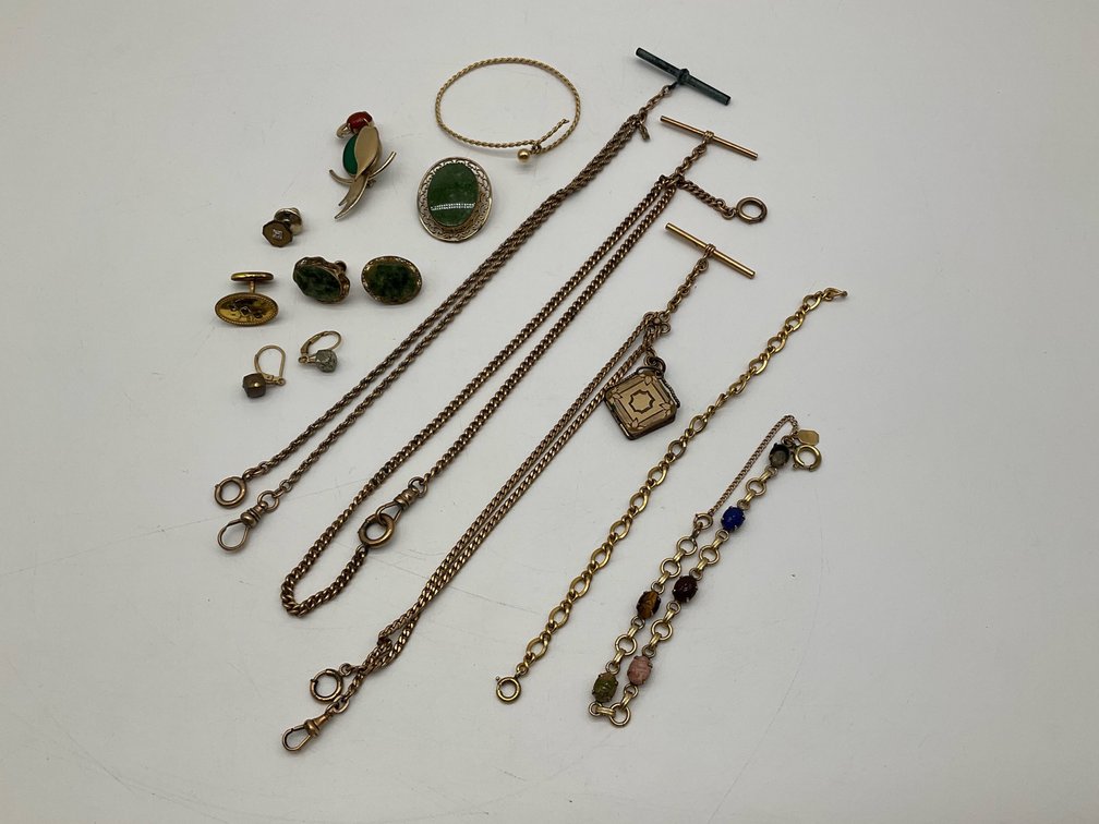 Pocket Watch Chains, Gold Fill Brooches and Bracelets