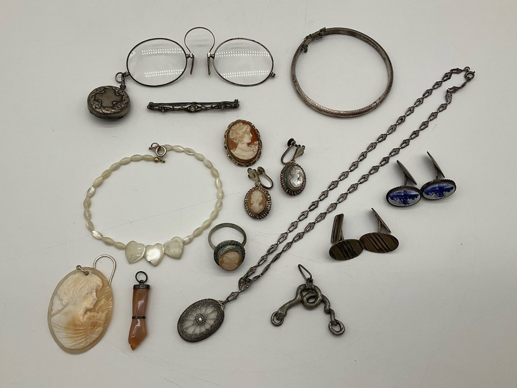 Sterling Pince - Nez Glasses, Bangle, Cuff Links, Brooch, Etc