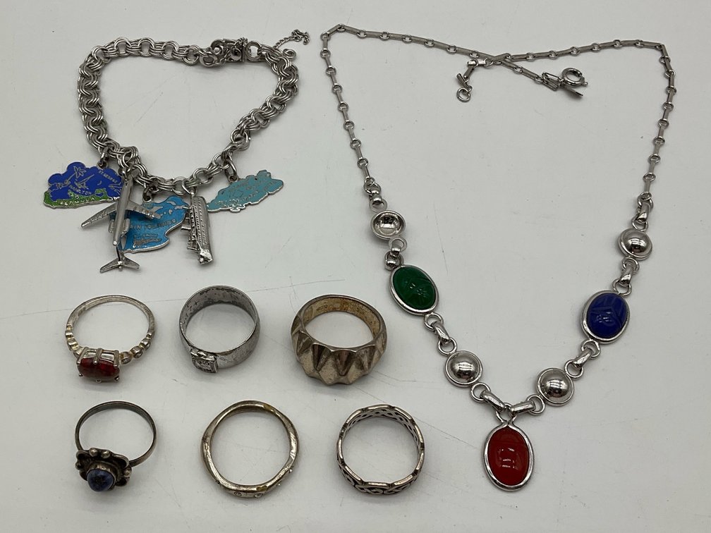 Sterling Silver Rings, Necklace and Charm Bracelet