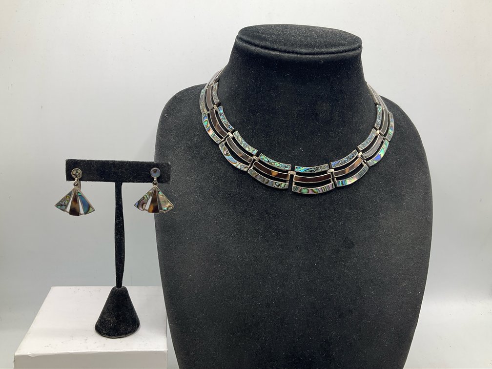 Taxco Sterling Necklace & Earring Set With Abalone & Faux Tortoise
