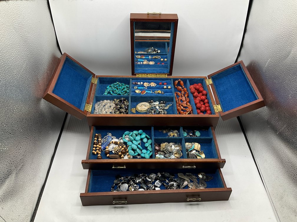 Wooden Jewelry Box & Contents