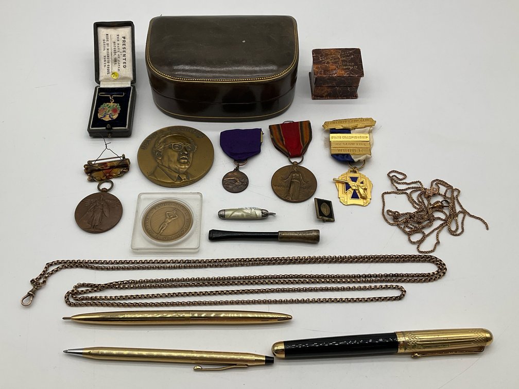 Various Medals, Watch Chains and Jewelry Box