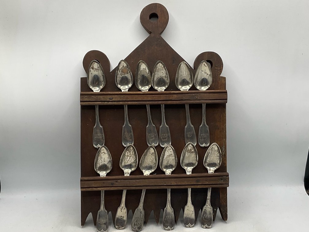 Set Of 17 Antique Coin Silver Spoons With Rack