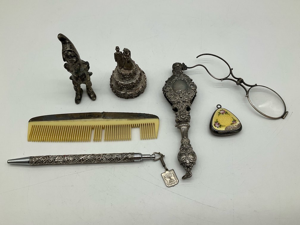 Sterling and Pewter Lorgnette, Pencil, Wedding Bell, Etc.