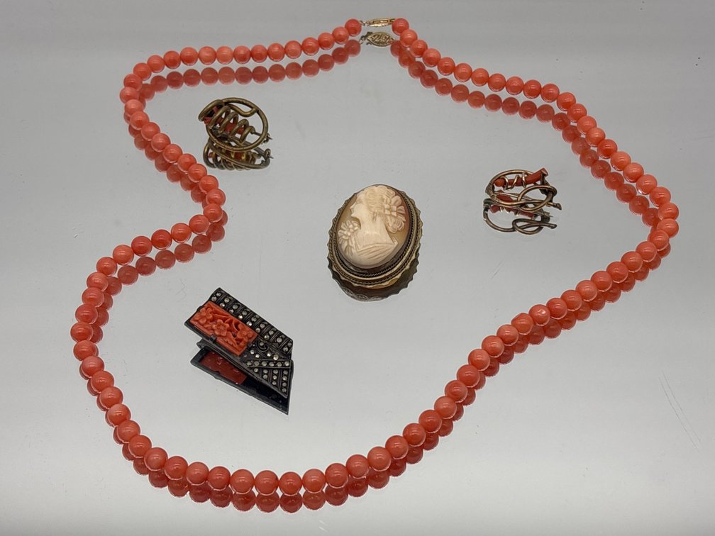 Carved Cameo, Coral Strand and Pins