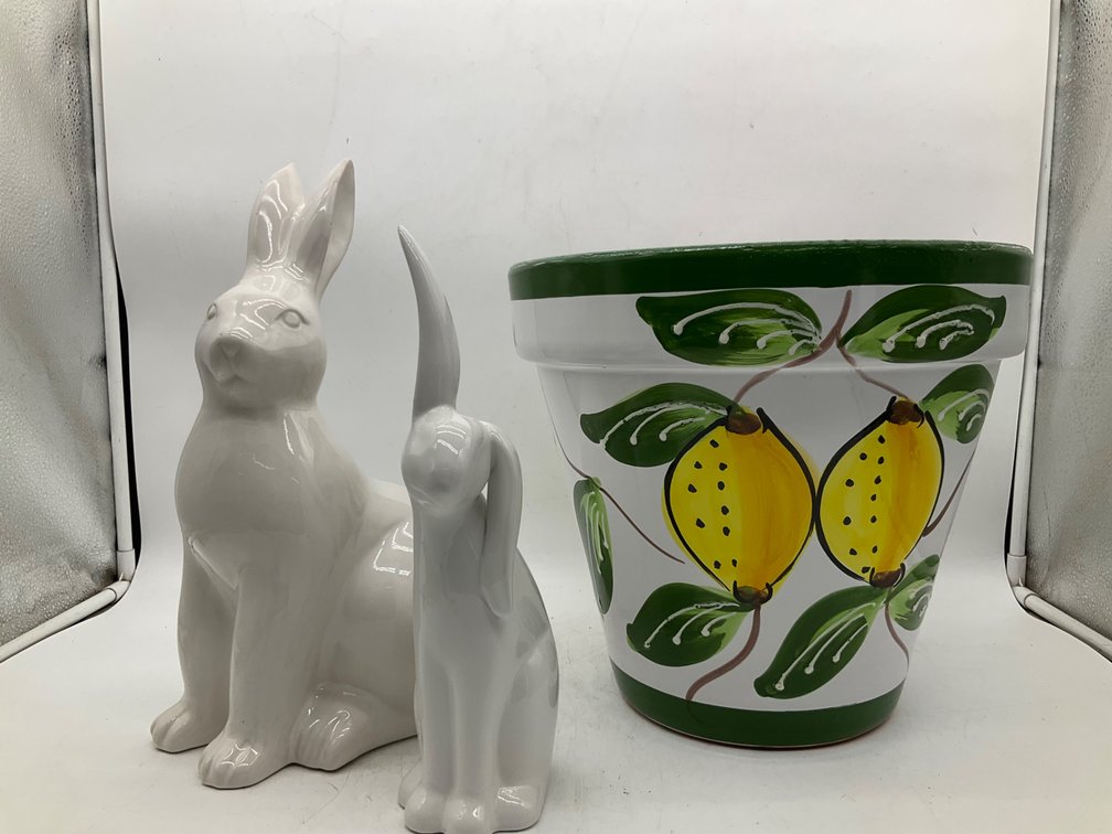 Painted Terracotta Lemon Planter and Rabbit Figures