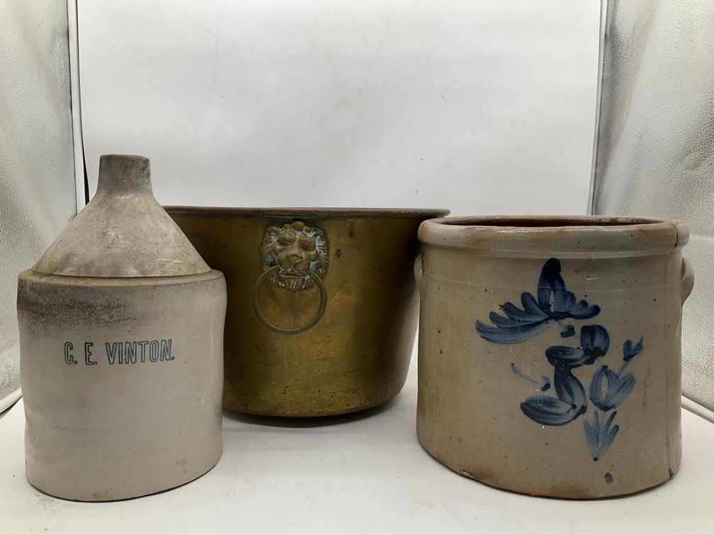 Lion Head Brass Planter, Blue Decorated Salt Glaze Crock