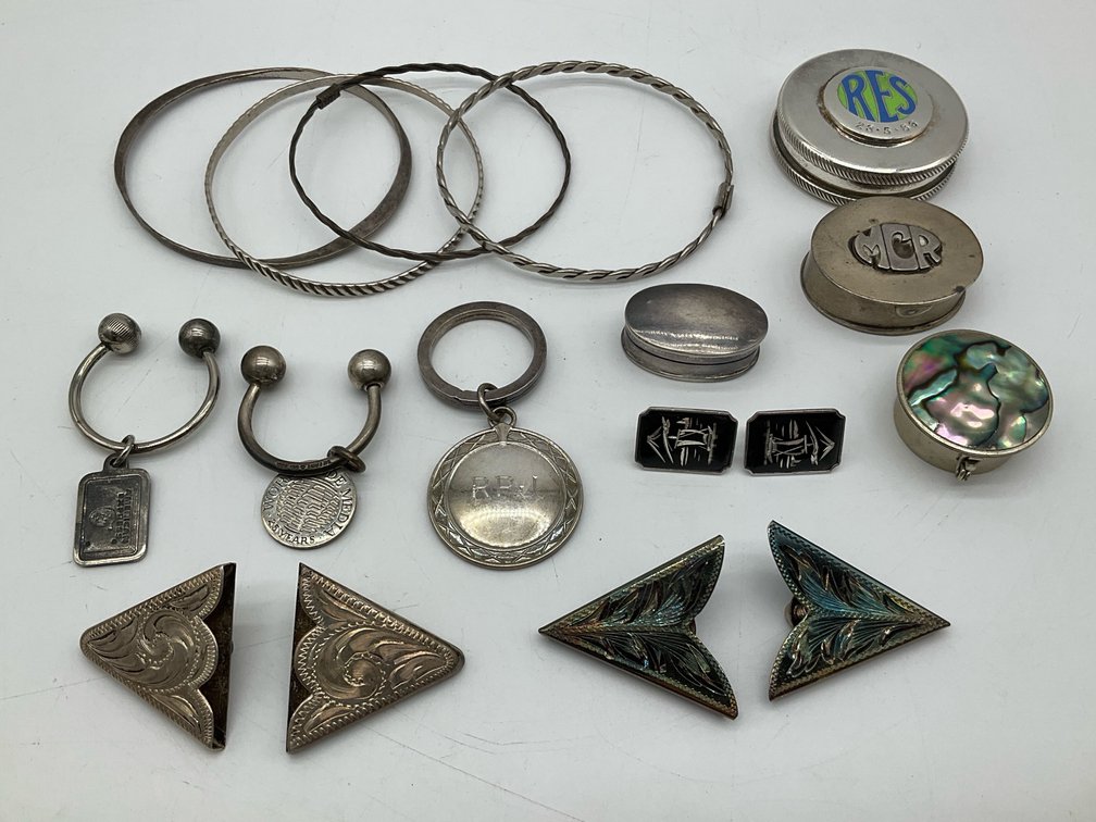 Sterling Silver and Silver Bangles, Pill Boxes, Key Holders, Collar Tips