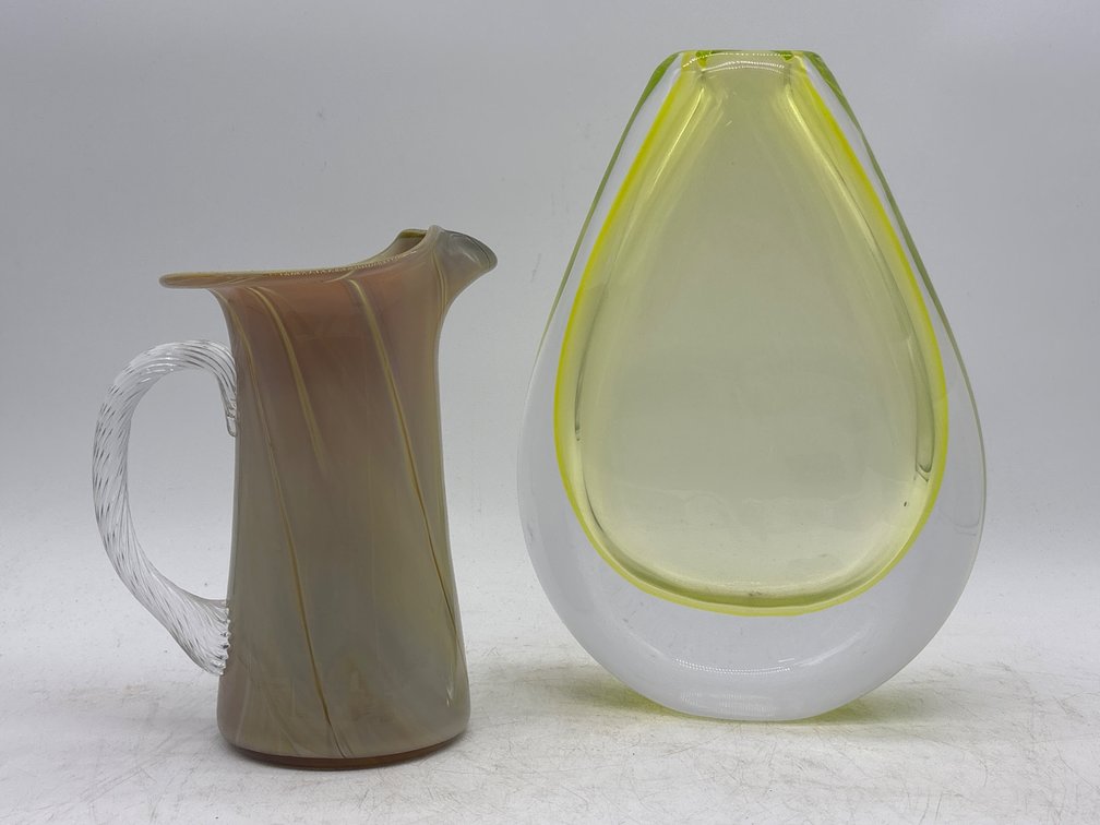 Art Glass Citron Teardrop Vase and Pitcher