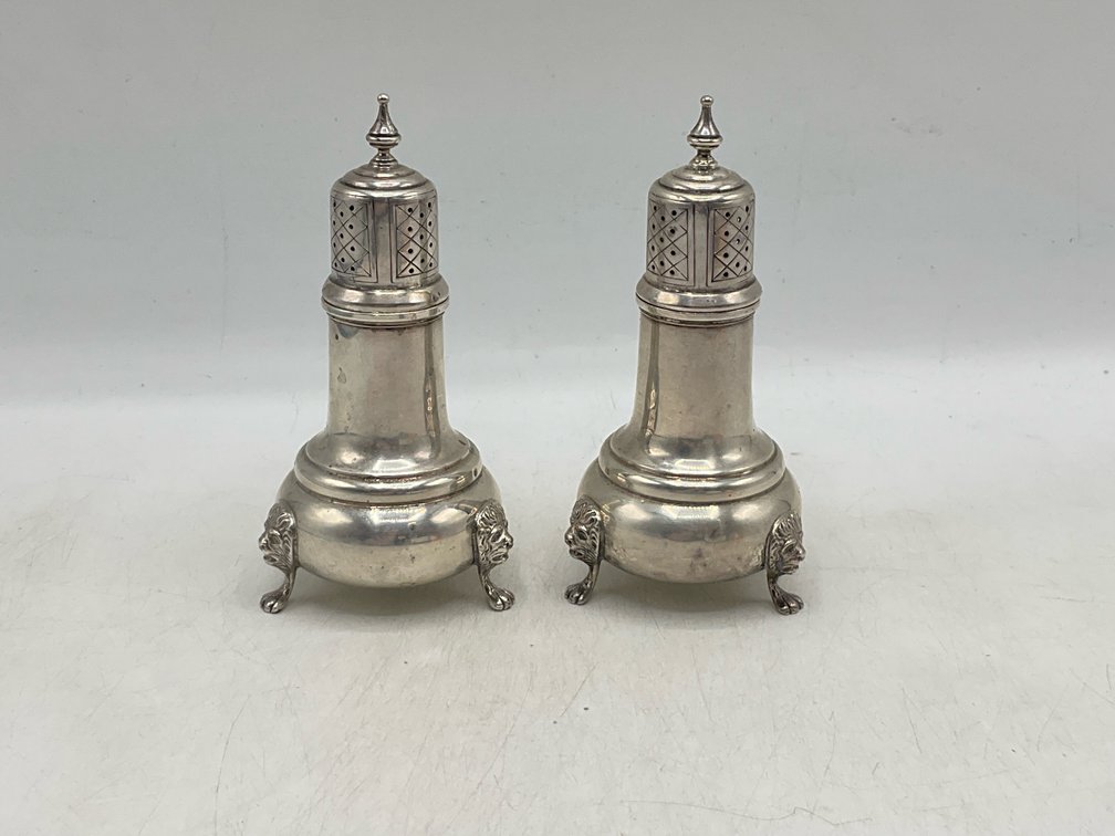 Pair Of Footed Sterling Shakers With Lion Heads