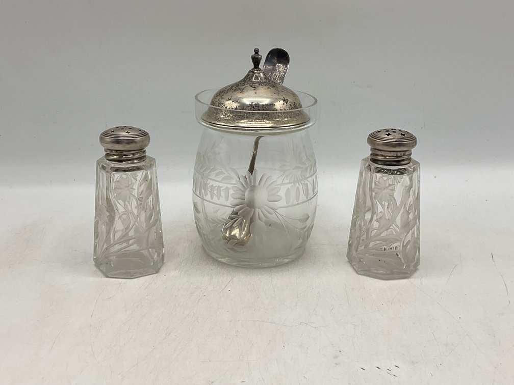 Floral Etched Glass Shakers & Jam Jar