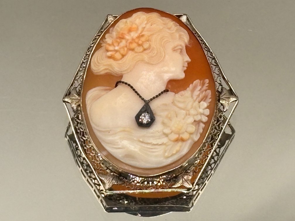14K Carved Shell and Diamond Cameo