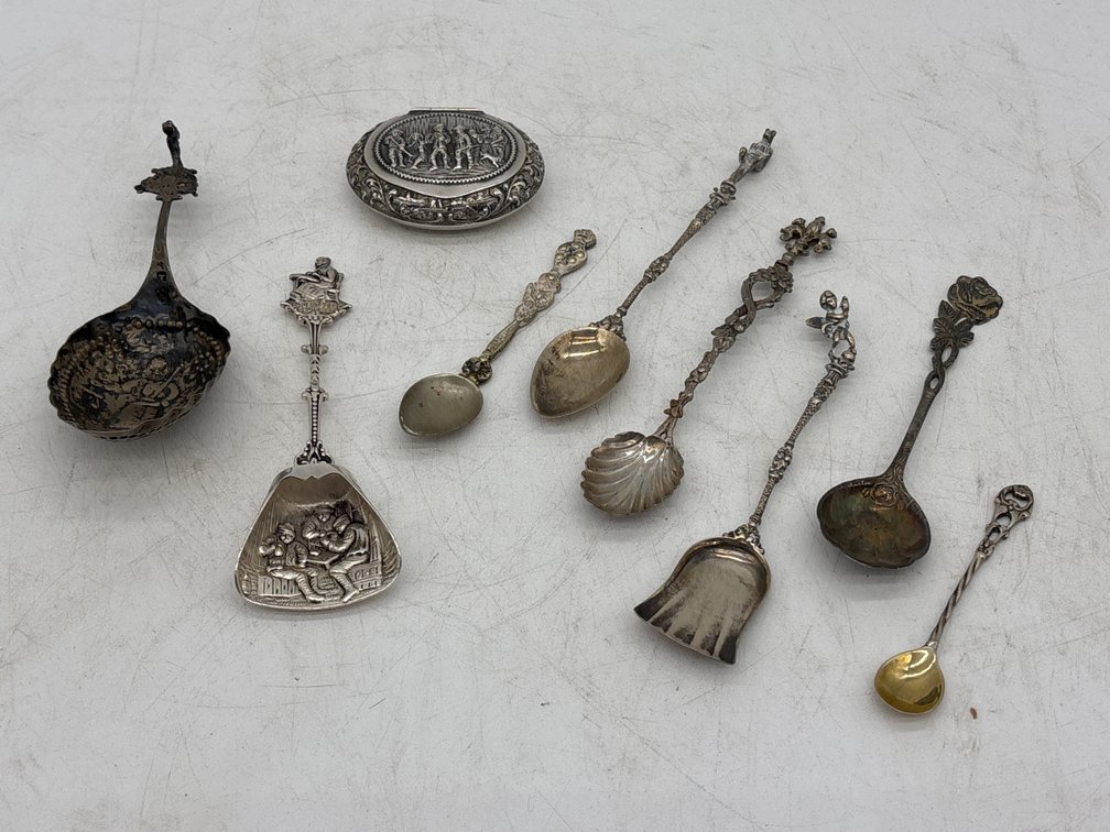 Continental Silver Spoons and Repousse Snuff Box