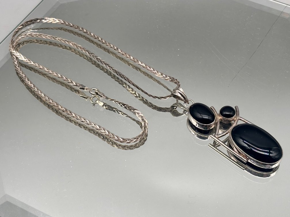 Sterling Silver and Onyx Modernist Necklace