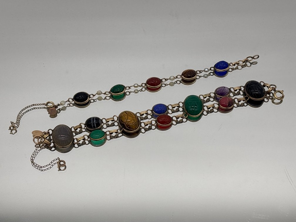 Two Gold Filled Egyptian Revival Scarab Bracelets