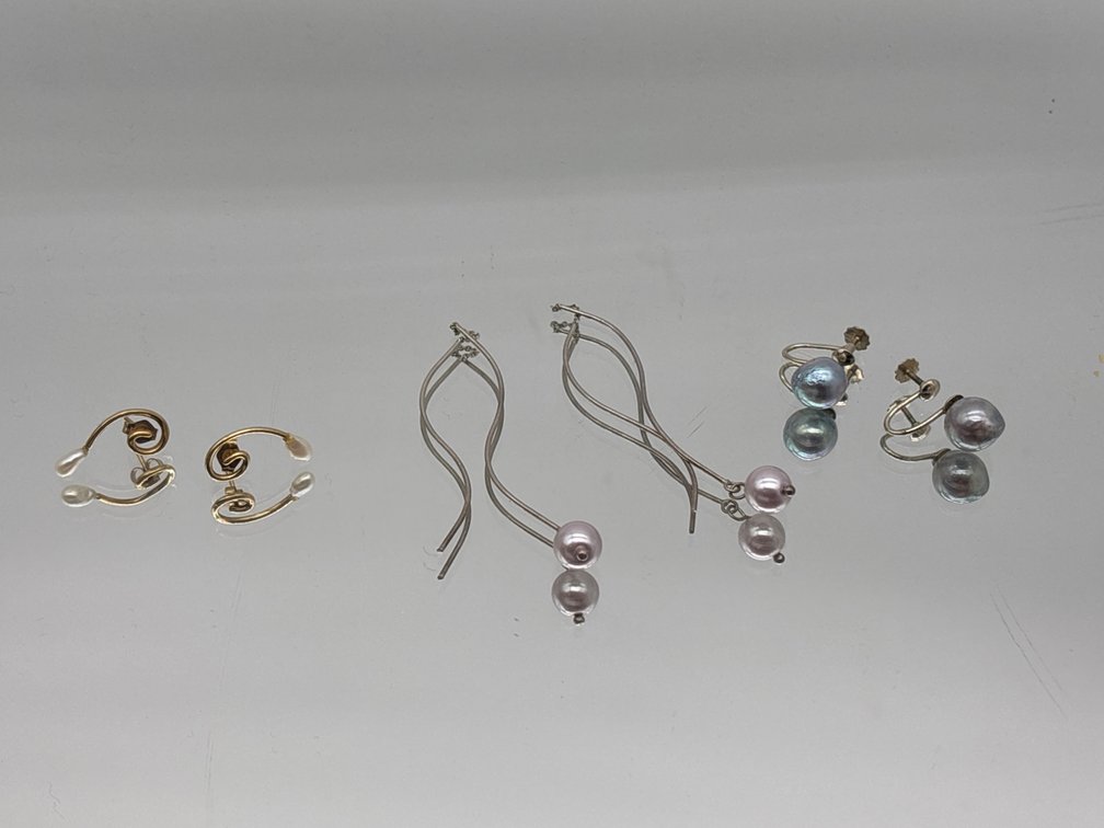 Three Pairs Gold and Sterling Pearl Earrings