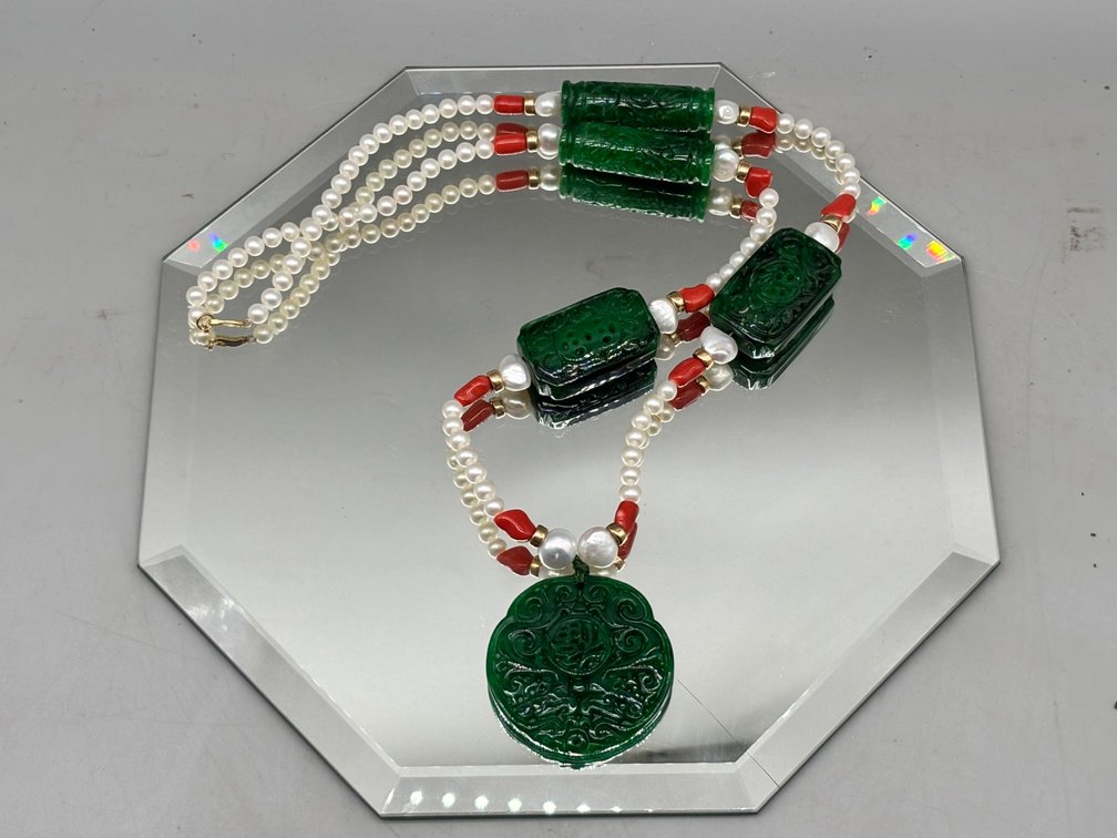 Carved Jade, Coral, and Pearl Necklace