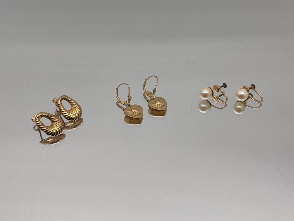 Three Pairs 14K Yellow Gold and Pearl Earrings
