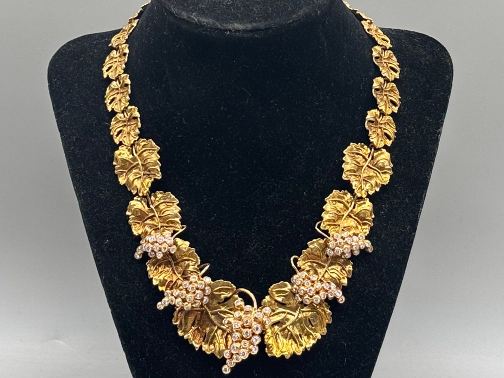 T. Salvo 18K Diamond Grape and Leaf Collar Necklace