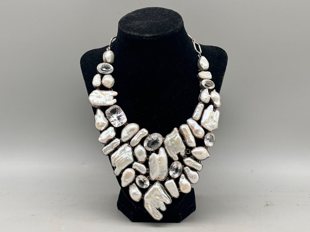 Sterling Silver Baroque Pearl and Crystal Necklace