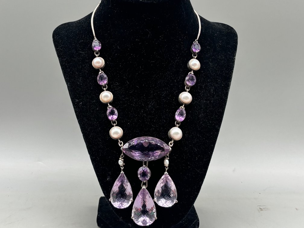 Lilia Lopez Sterling, Pearl and Agate Amethyst Necklace