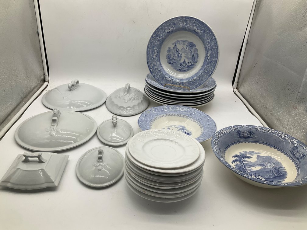 19th C. English Transferware Plates, Tureen Lids, Etc
