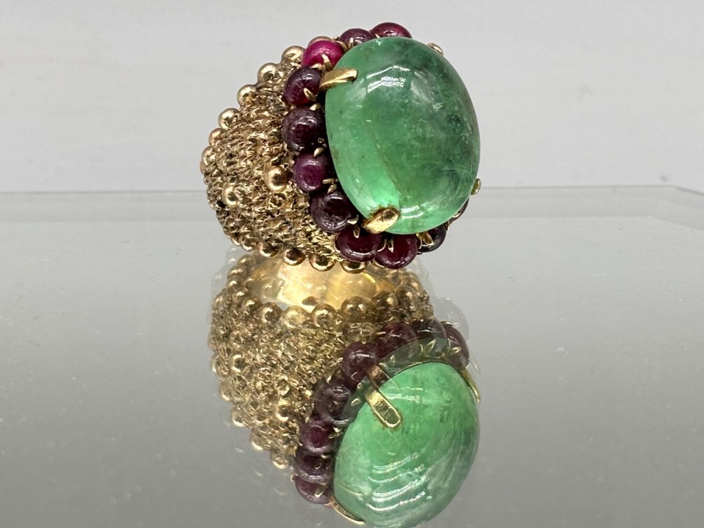 14K Cocktail Ring with Columbian Emerald and Rubies