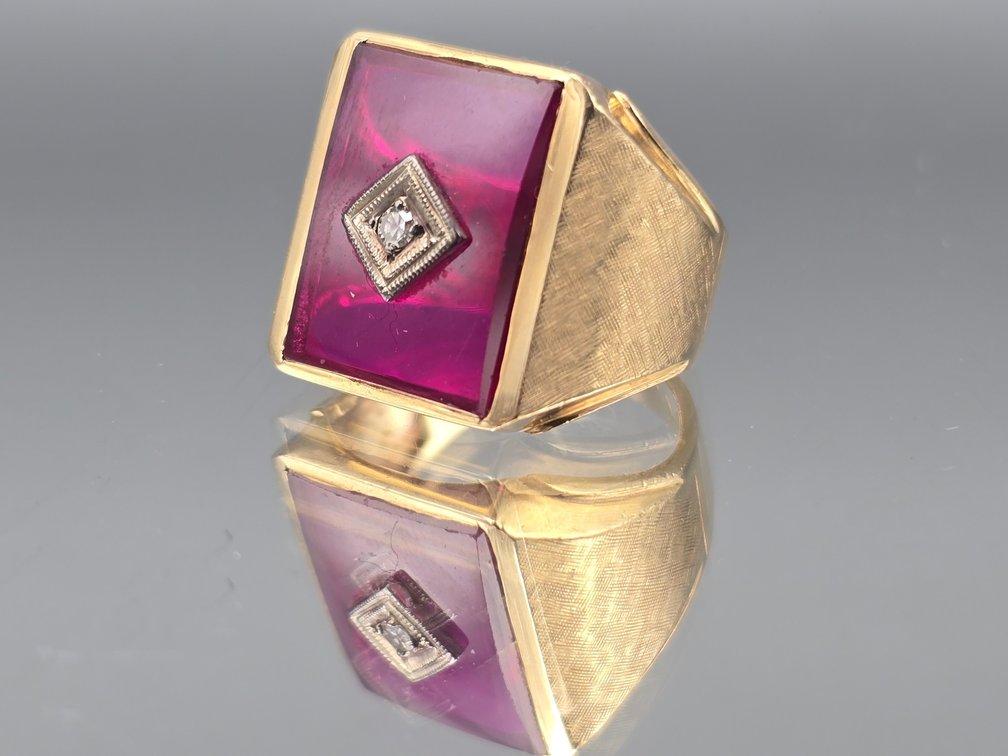 14K Signet Ring with Rubies and Diamond