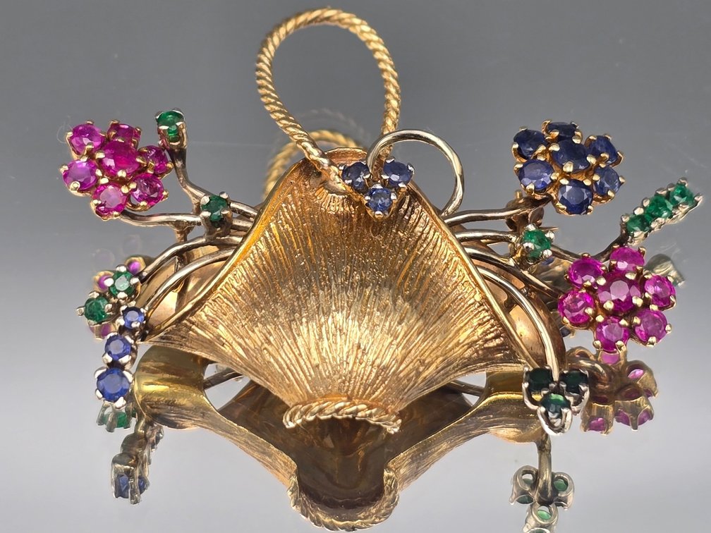 14K Multi Gemstone Flower Basket Brooch