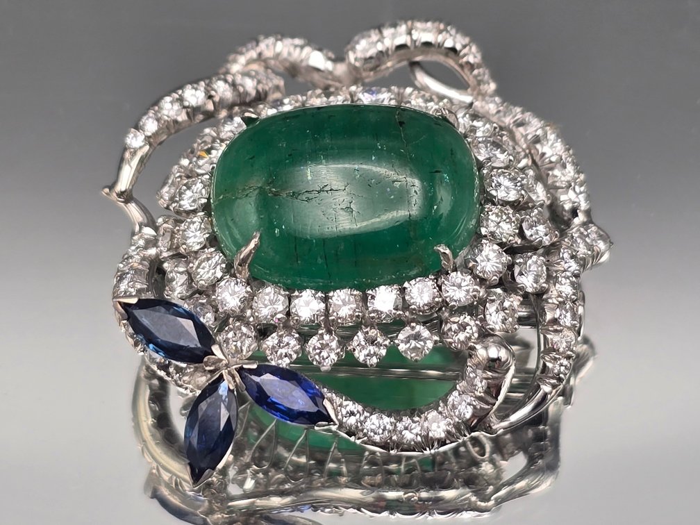 Platinum, Emerald, Sapphire and Diamond Pendant/Brooch