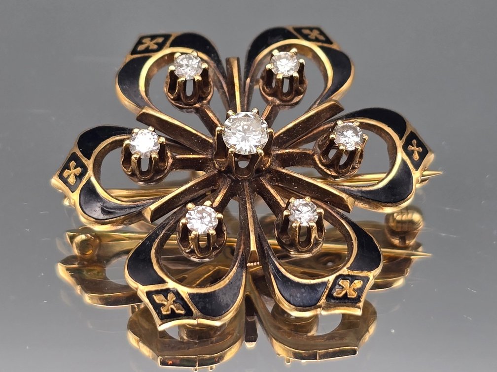 Victorian-Style 14K Diamond and Enamel Floral Brooch