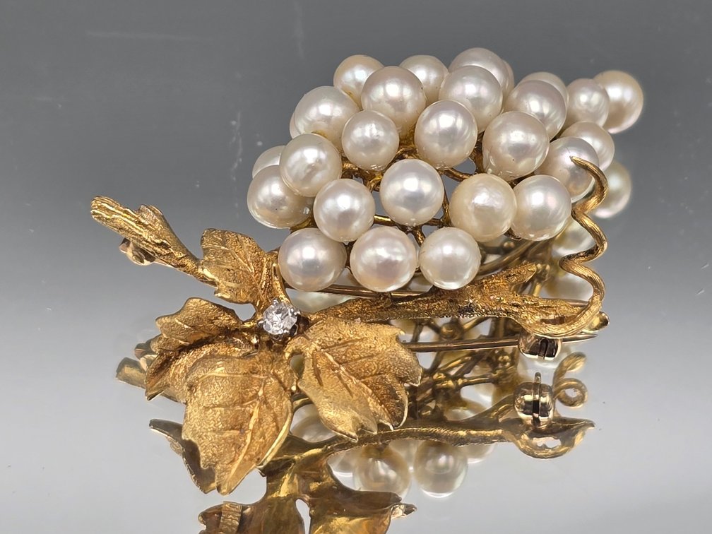 18K Pearl and Diamond Grape Brooch