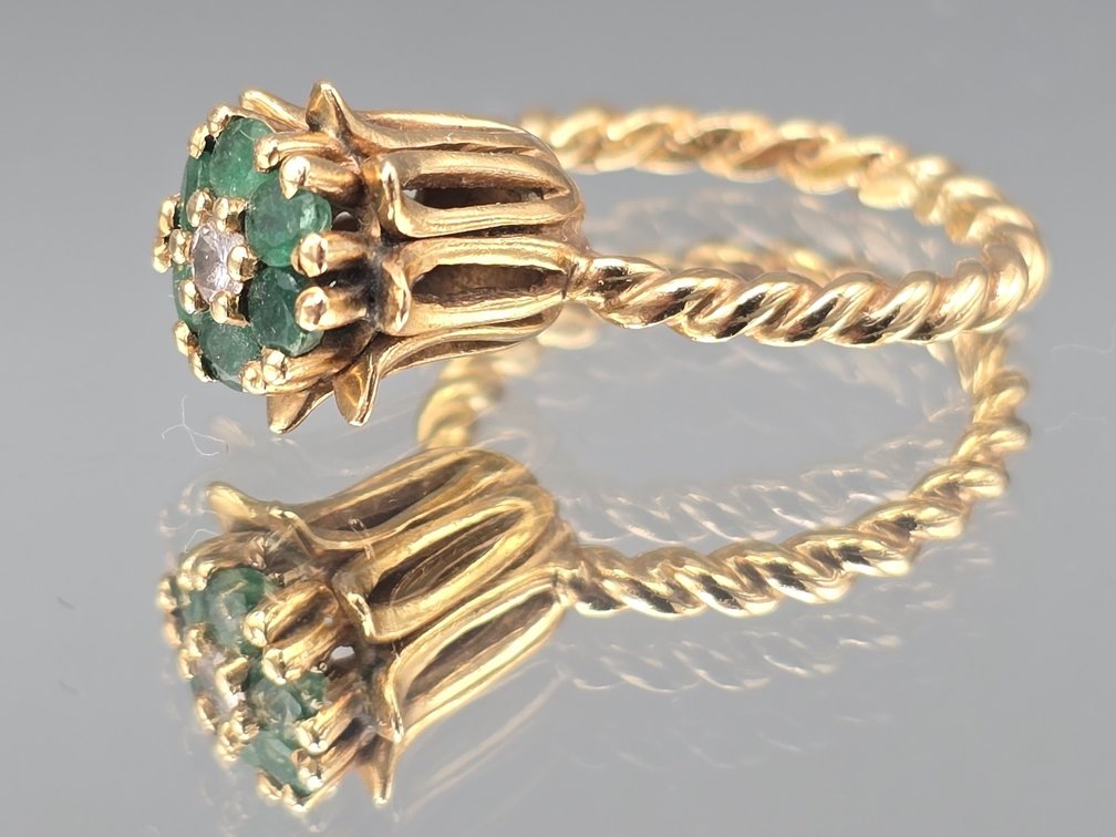 14K Emerald and Diamond Domed Tulip Ring