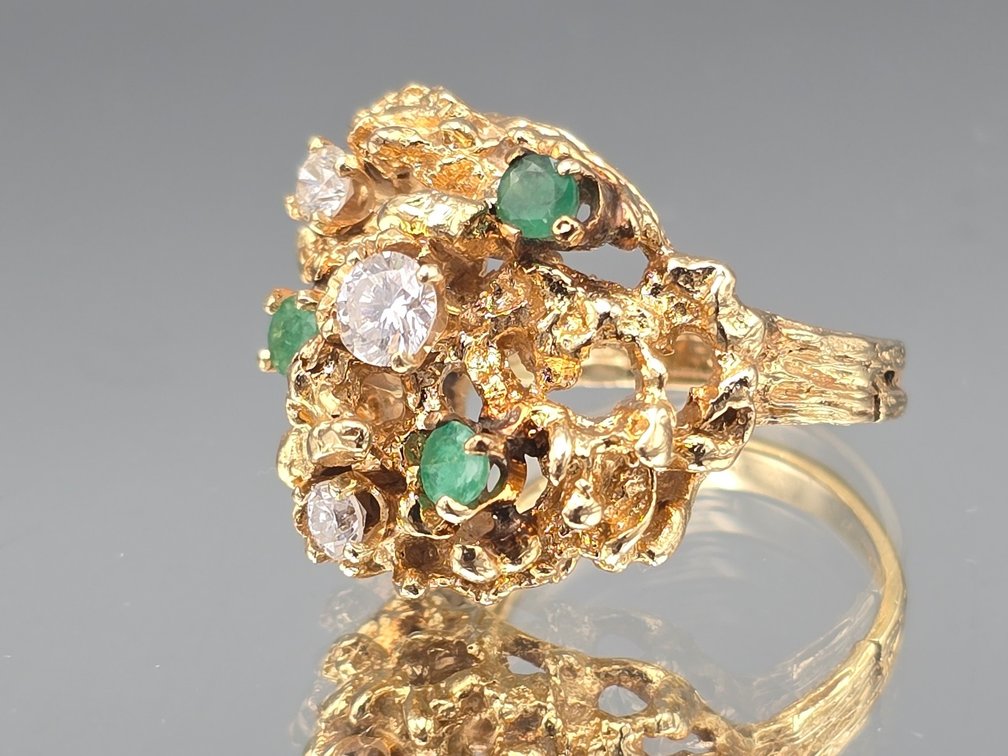 14K Brutalist Cocktail Ring with Diamonds and Emeralds