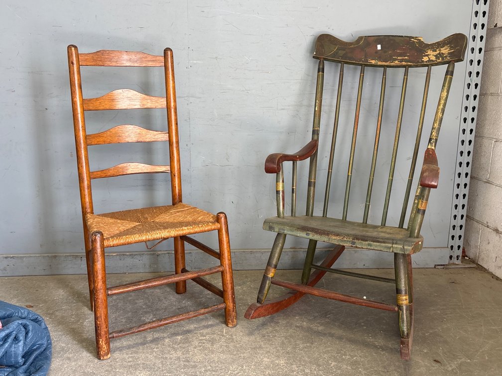 Ladderback Side Chair, Spindle Back Rocking Chair and Bench