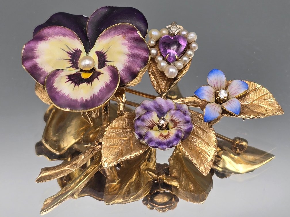 14K Enameled Pansy, Pearl, and Diamond Brooch