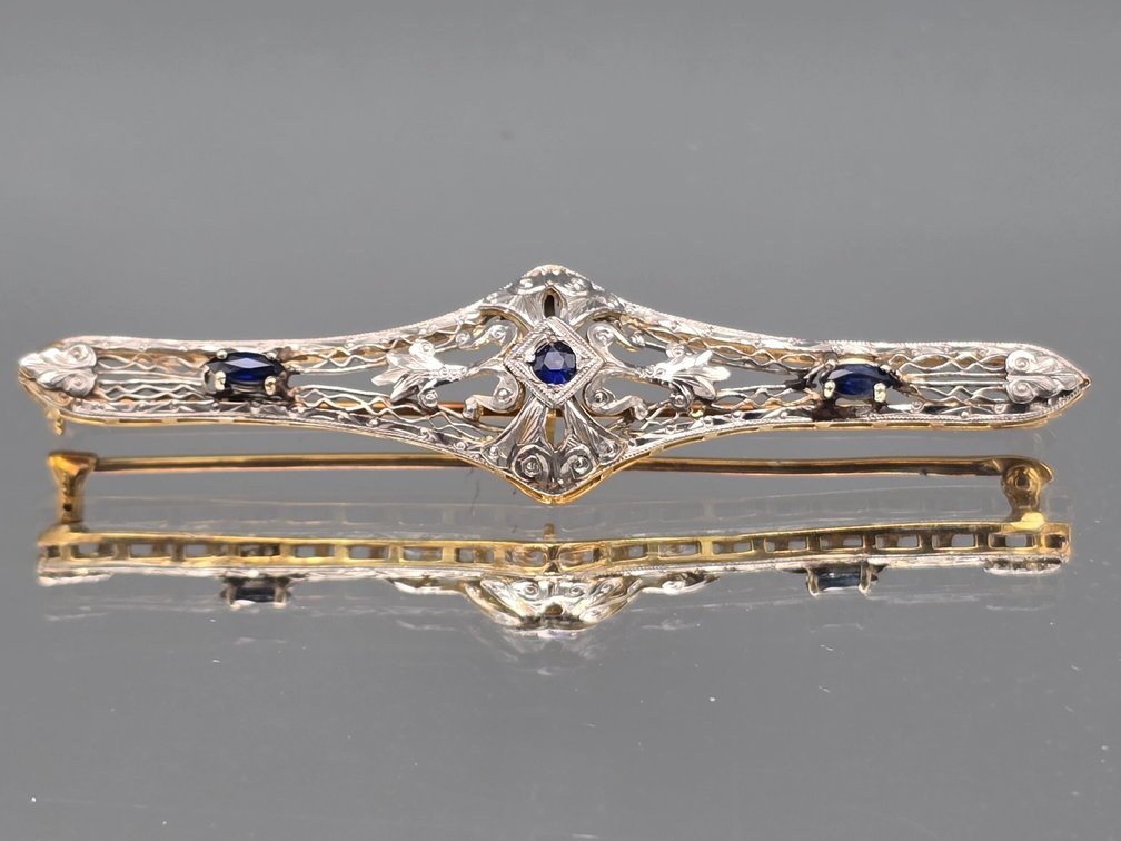 Art Deco-style 14K & Platinum Brooch with Sapphires