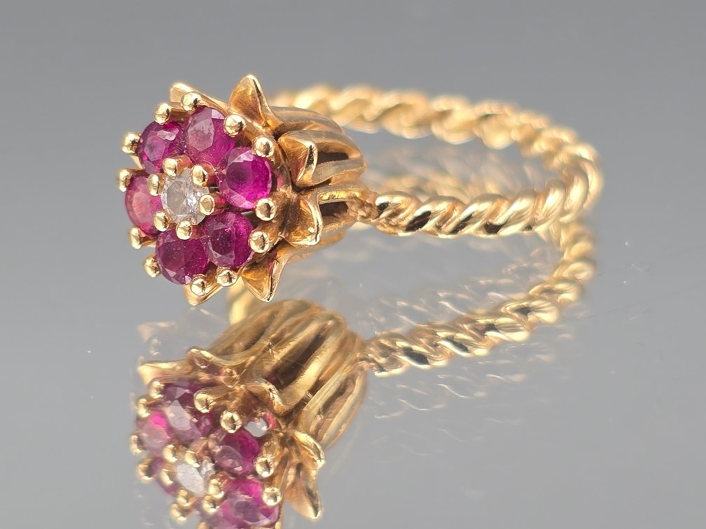 14K Ruby and Diamond Tulip Domed Ring
