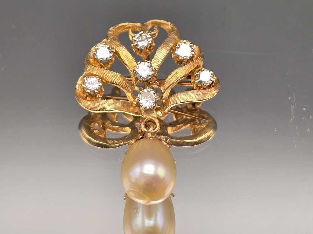 14K Belle Epoque-style Diamond and Pearl Brooch