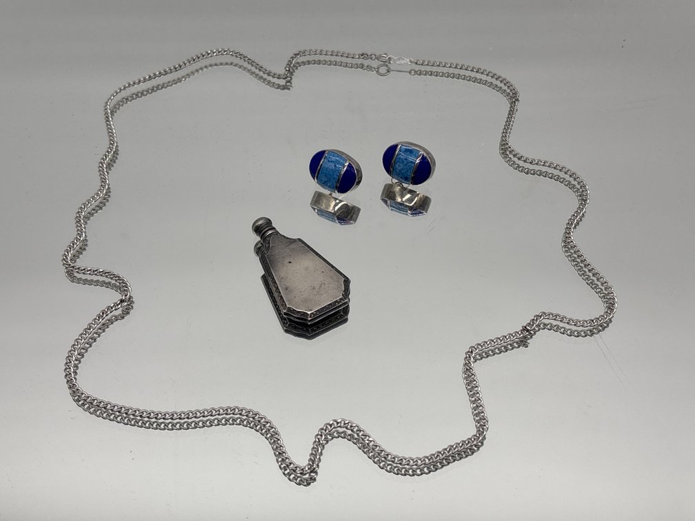 Sterling Scent Flask, Inlaid Earrings and Chain Necklace