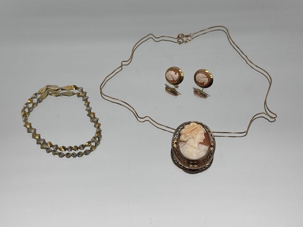 Shell Carved Cameo Pendant Pin, Post Earrings and Bracelet