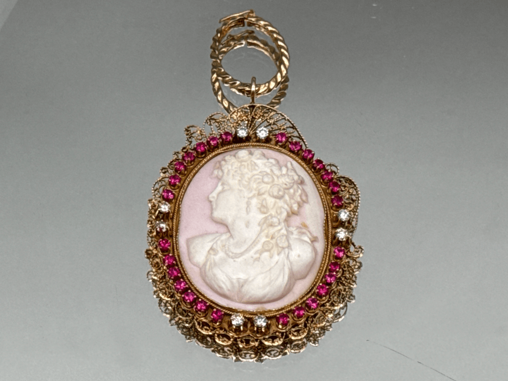 14K Diamond and Ruby Shell Carved Cameo Pendant
