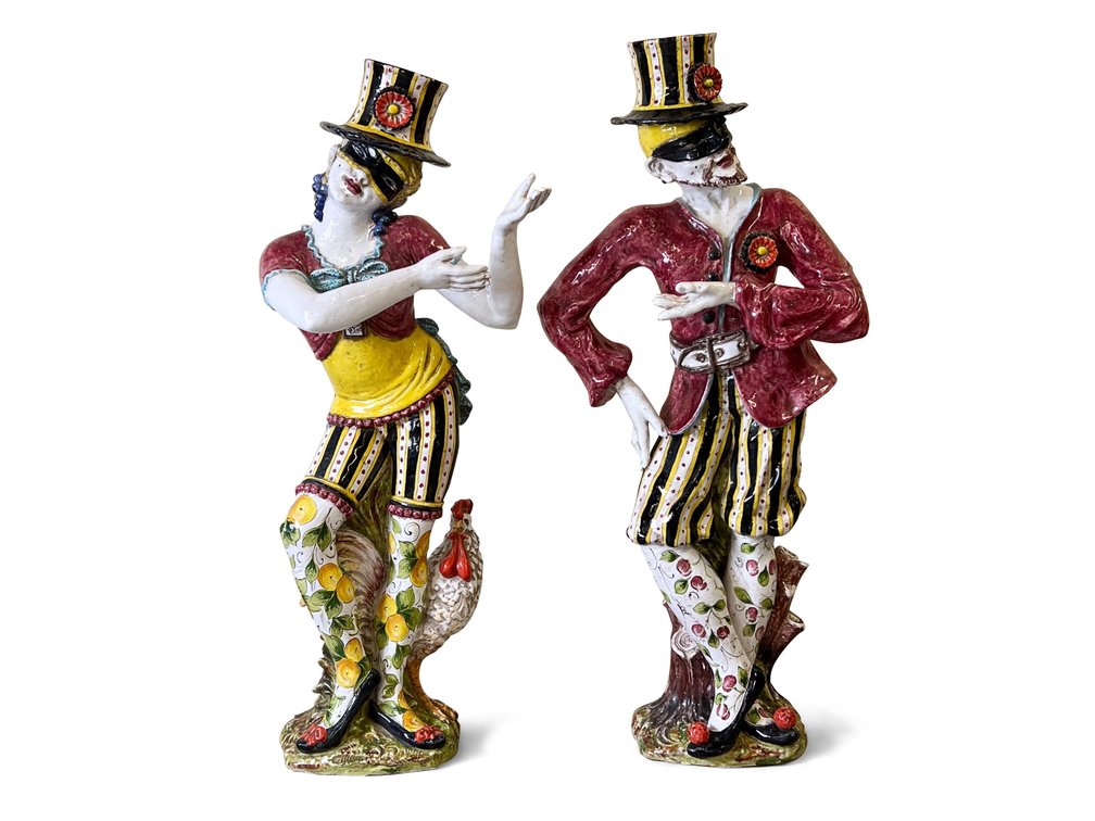 Pair of Italian Pottery Majolica Ceramic Harlequin Figures